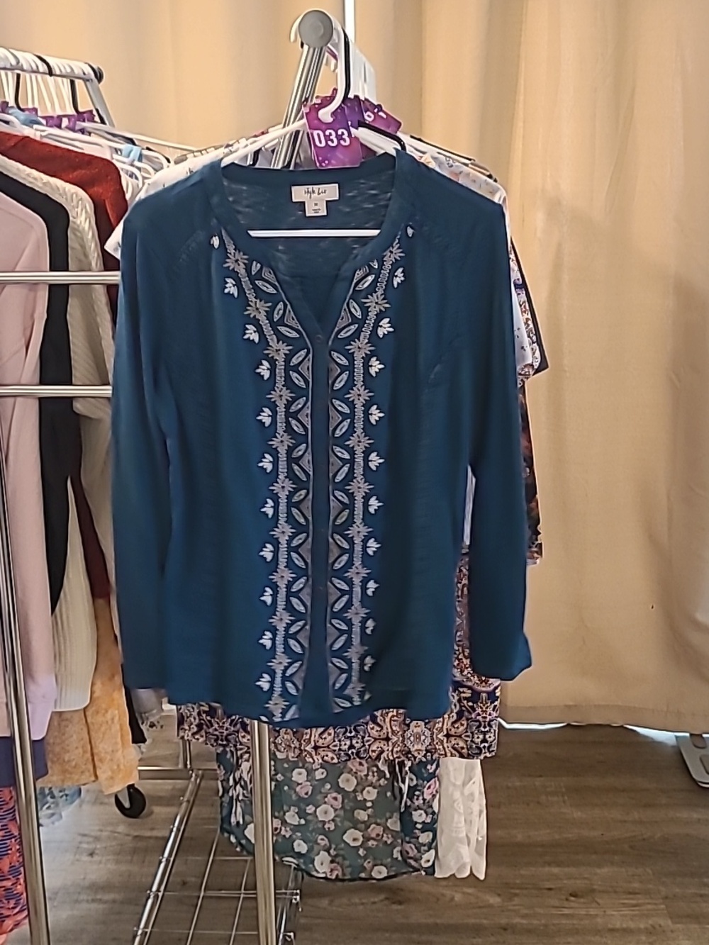 #27- Style & Co. Teal Floral Embroidered Button Up, Medium - Picture 3 of 5